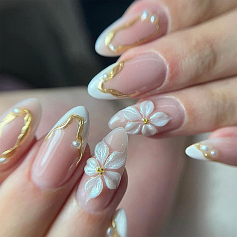 24pcs Flower Long Almond Press - Nail Art French Nails review and price